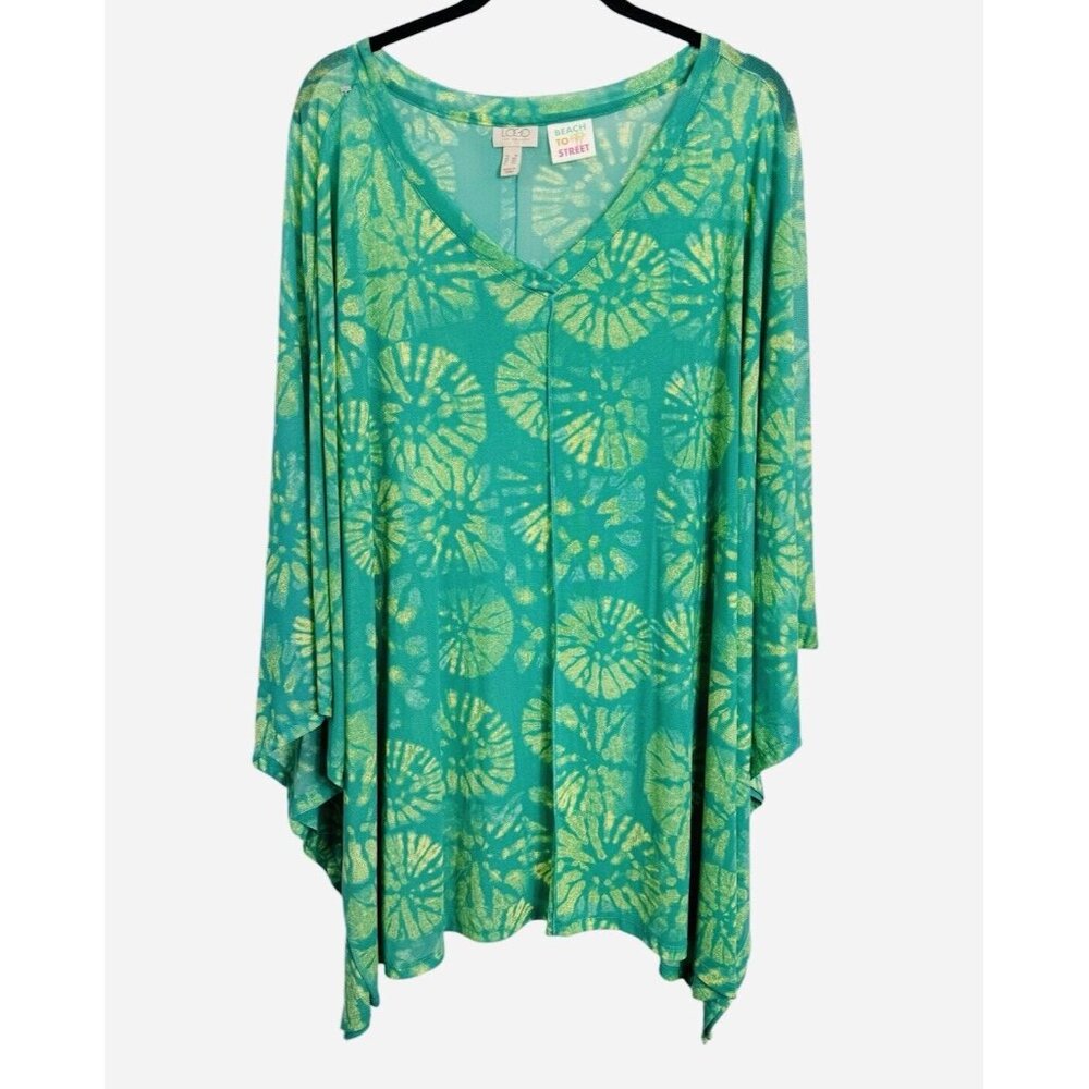 LOGO by Lori Goldstein Beach to Street Mesh Caftan Top Blue Grass Green 3X